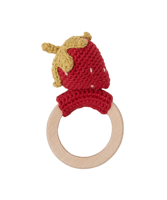 Erdbeere Beissring mit Glöckchen – Rot/Bordeauxrot